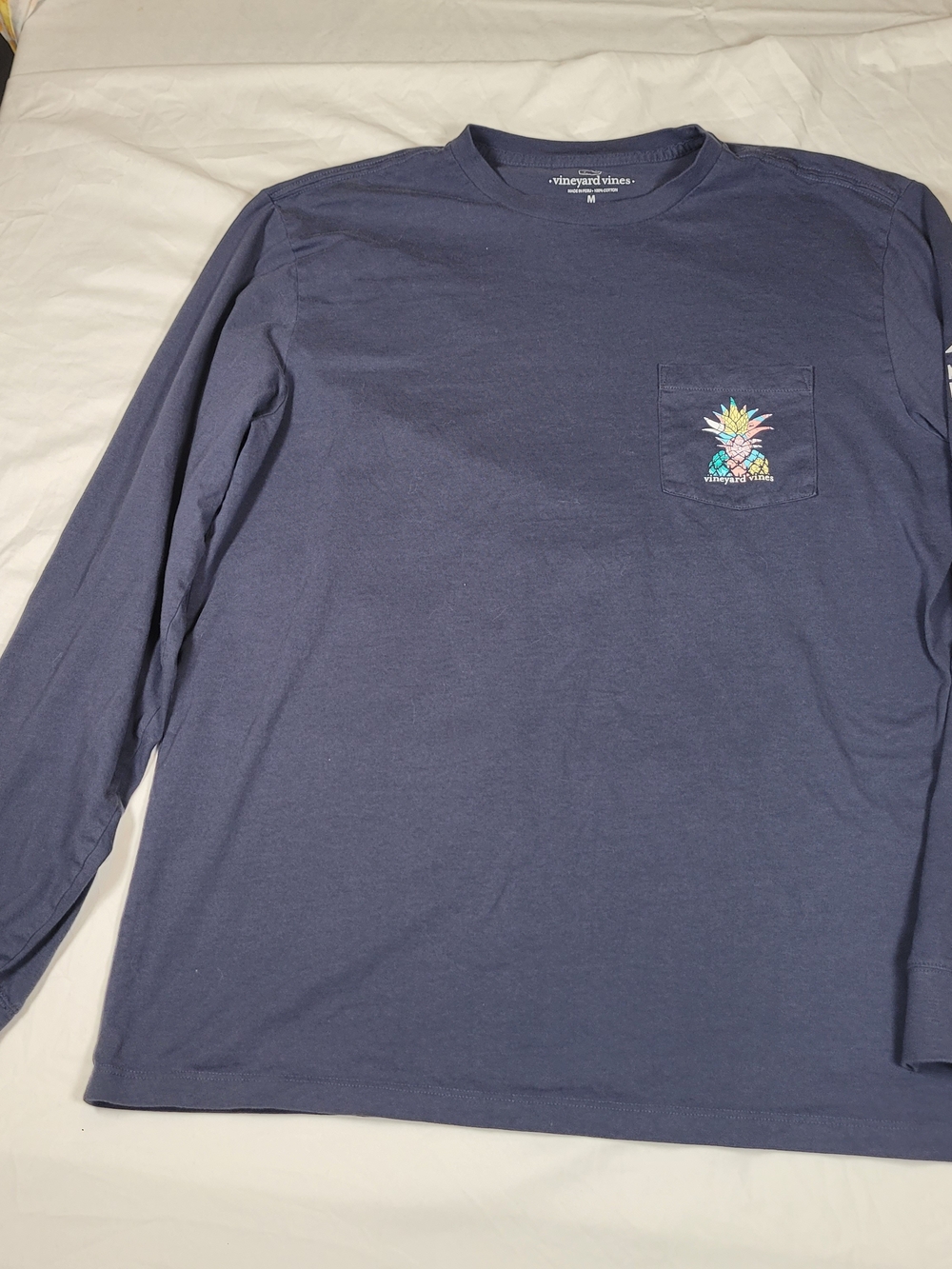 Vineyard Vines Navy Long-Sleeve Pocket Tee with Colorful Pineapple